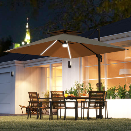 2.5m Cantilever Parasol with Solar LED Lights and 360° Rotation - Khaki