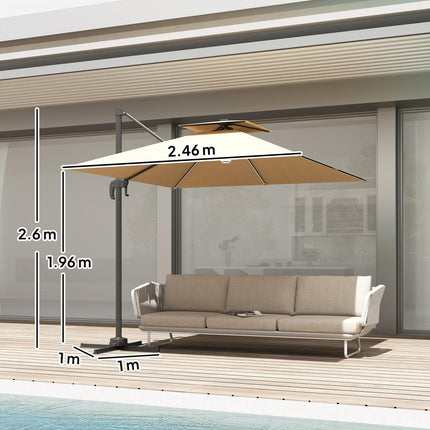 2.5m Cantilever Parasol with Solar LED Lights and 360° Rotation - Khaki