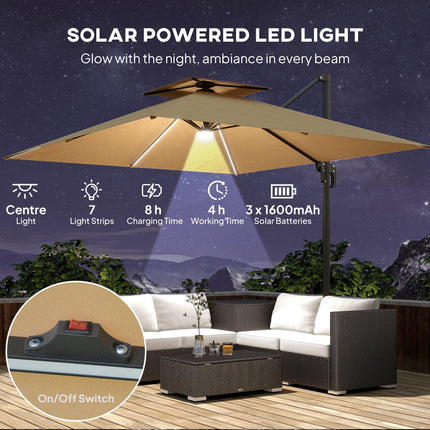 2.5m Cantilever Parasol with Solar LED Lights and 360° Rotation - Khaki