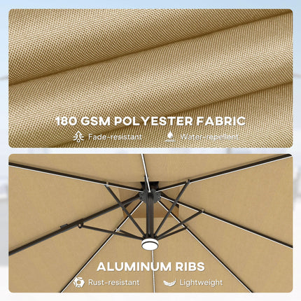 2.5m Cantilever Parasol with Solar LED Lights and 360° Rotation - Khaki