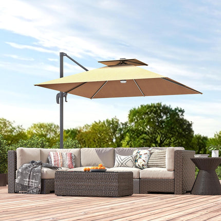 2.5m Cantilever Parasol with Solar LED Lights and 360° Rotation - Khaki