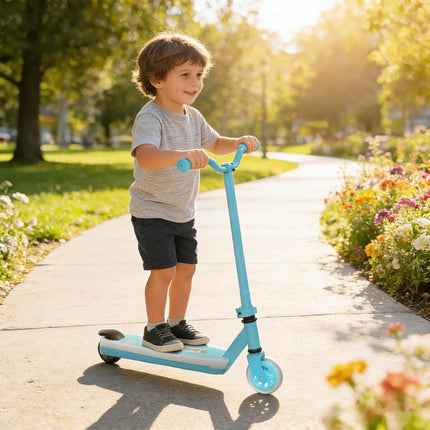 Kids Electric Scooter with Auxiliary Wheels, LED Light & Electric Brake, 6-8 KM Range - Blue
