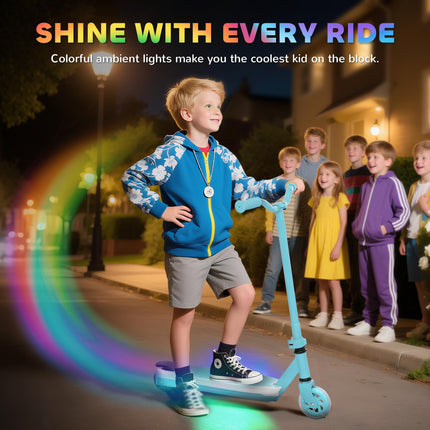 Kids Electric Scooter with Auxiliary Wheels, LED Light & Electric Brake, 6-8 KM Range - Blue