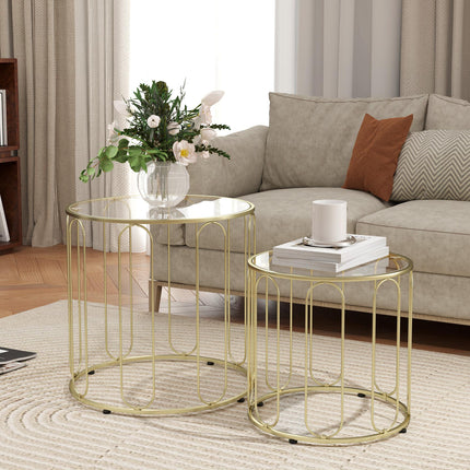 Elliptical Cut-Out Nesting Coffee Tables with Tempered Glass Tops - Gold-Tone