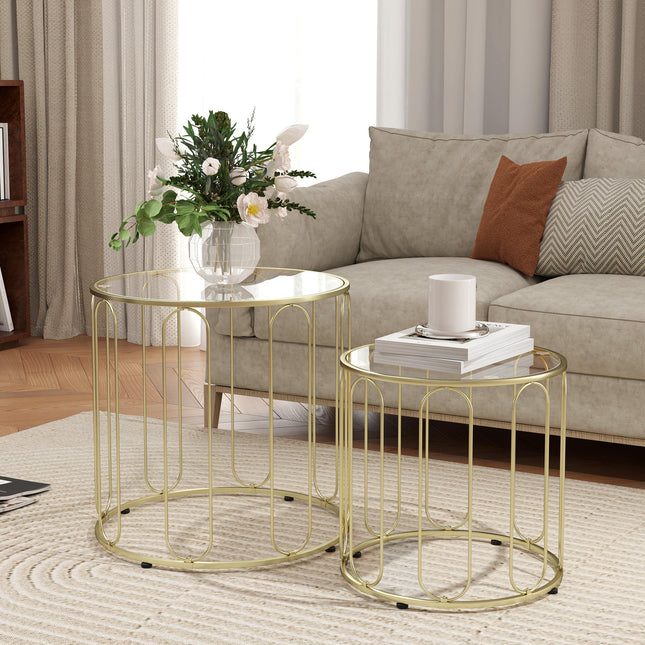 Elliptical Cut-Out Nesting Coffee Tables with Tempered Glass Tops - Gold-Tone