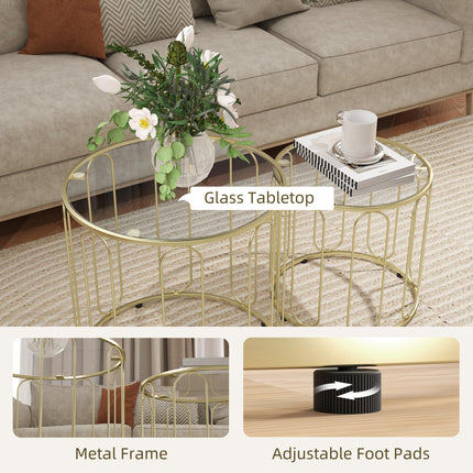 Elliptical Cut-Out Nesting Coffee Tables with Tempered Glass Tops - Gold-Tone