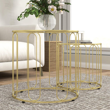 Elliptical Cut-Out Nesting Coffee Tables with Tempered Glass Tops - Gold-Tone