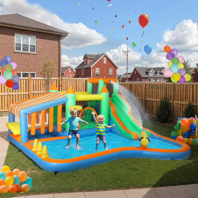 8 in 1 Inflatable Bounce House with 550W Blower, Slide, 2 Pools, Basketball Hoop, Climbing Wall, Water Gun, Ring Toss