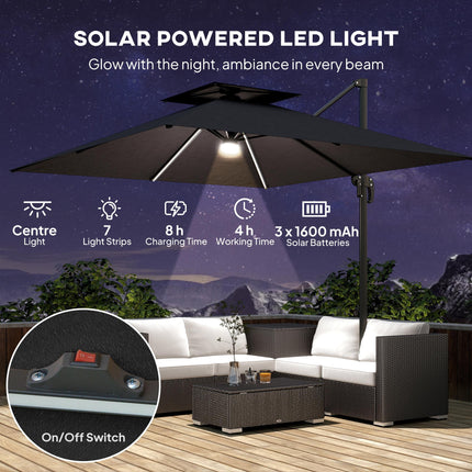 2.5m Cantilever Parasol with Solar LED Lights and 360° Rotation - Dark Grey