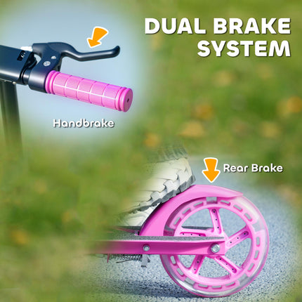 Adjustable Kids Scooter with Light-Up Wheels, Handbrake & Rear Brake for Ages 3-8 - Pink