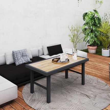 Metal Garden Coffee Table 100x53cm with SPC Woodgrain Tabletop - Brown Wood Effect