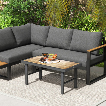 Metal Garden Coffee Table 100x53cm with SPC Woodgrain Tabletop - Brown Wood Effect