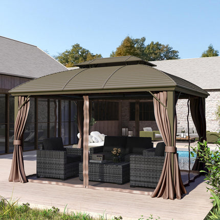 3.65 x 3m Hardtop Steel Gazebo Canopy with Aluminium Frame, Double Roof, Net Sidewalls & Curtains - Coffee