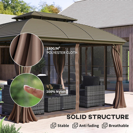 3.65 x 3m Hardtop Steel Gazebo Canopy with Aluminium Frame, Double Roof, Net Sidewalls & Curtains - Coffee