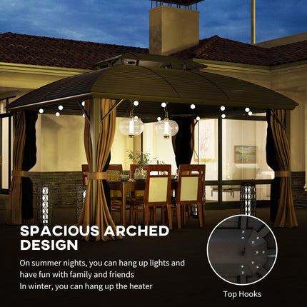 3.65 x 3m Hardtop Steel Gazebo Canopy with Aluminium Frame, Double Roof, Net Sidewalls & Curtains - Coffee