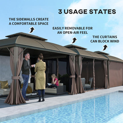 3.65 x 3m Hardtop Steel Gazebo Canopy with Aluminium Frame, Double Roof, Net Sidewalls & Curtains - Coffee