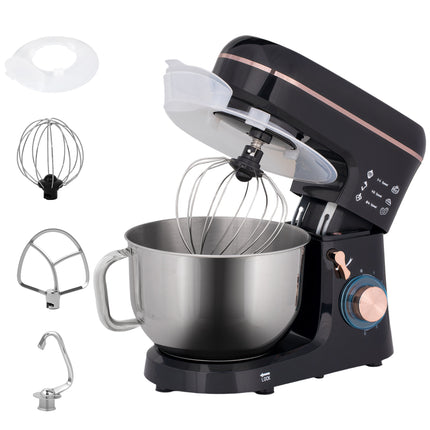 5L Stand Mixer with 1400W Motor, 6 Speeds & Pulse, Dough Hook, Whisk, Beater, Stainless Steel Bowl, Splash Guard - Black