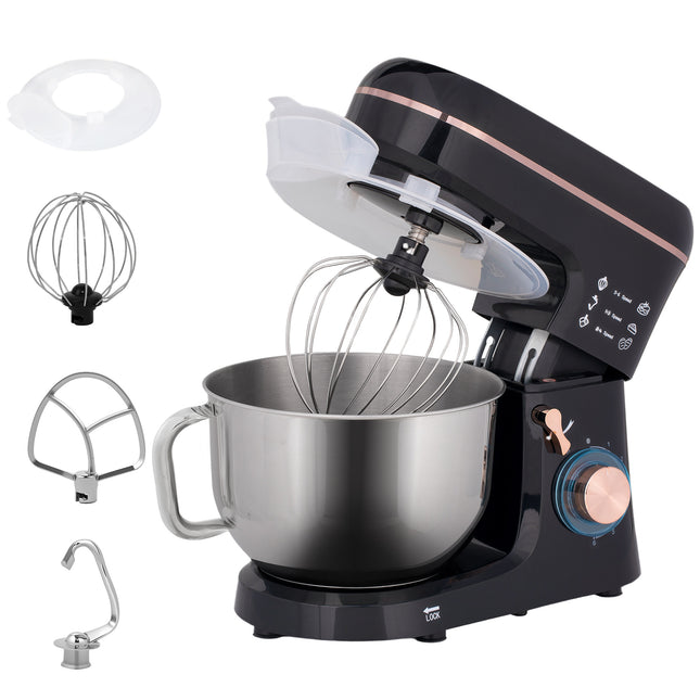 5L Stand Mixer with 1400W Motor, 6 Speeds & Pulse, Dough Hook, Whisk, Beater, Stainless Steel Bowl, Splash Guard - Black