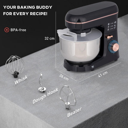 5L Stand Mixer with 1400W Motor, 6 Speeds & Pulse, Dough Hook, Whisk, Beater, Stainless Steel Bowl, Splash Guard - Black