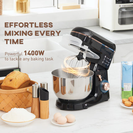 5L Stand Mixer with 1400W Motor, 6 Speeds & Pulse, Dough Hook, Whisk, Beater, Stainless Steel Bowl, Splash Guard - Black