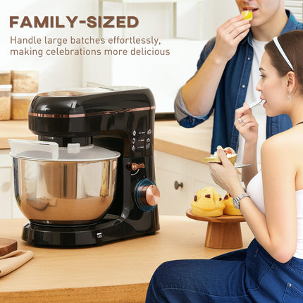 5L Stand Mixer with 1400W Motor, 6 Speeds & Pulse, Dough Hook, Whisk, Beater, Stainless Steel Bowl, Splash Guard - Black