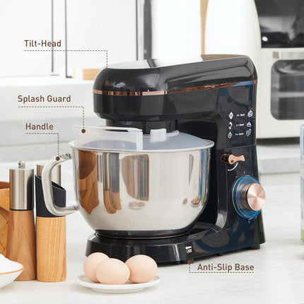 5L Stand Mixer with 1400W Motor, 6 Speeds & Pulse, Dough Hook, Whisk, Beater, Stainless Steel Bowl, Splash Guard - Black
