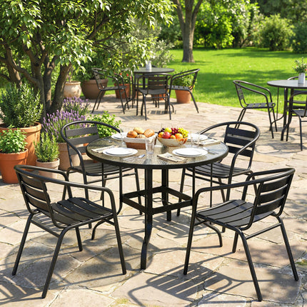 Tempered Glass Top Outdoor Dining Table with Parasol Hole 96.5cm - Black