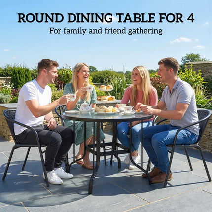 Tempered Glass Top Outdoor Dining Table with Parasol Hole 96.5cm - Black