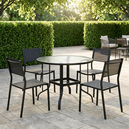 Tempered Glass Top Outdoor Dining Table with Parasol Hole 96.5cm - Black