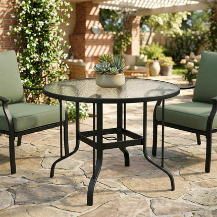 Tempered Glass Top Outdoor Dining Table with Parasol Hole 96.5cm - Black