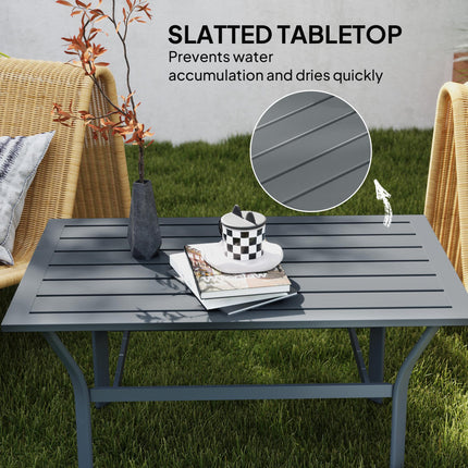 Rectangular Metal Garden Coffee Table 91.5x55cm with Slatted Top and Foot Pads - Dark Grey