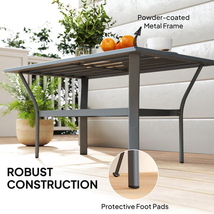 Rectangular Metal Garden Coffee Table 91.5x55cm with Slatted Top and Foot Pads - Dark Grey