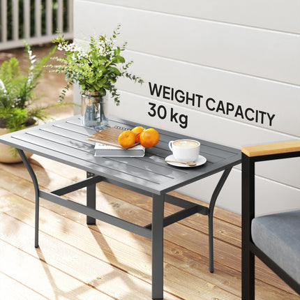 Rectangular Metal Garden Coffee Table 91.5x55cm with Slatted Top and Foot Pads - Dark Grey