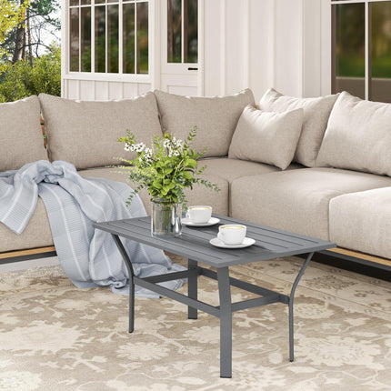 Rectangular Metal Garden Coffee Table 91.5x55cm with Slatted Top and Foot Pads - Dark Grey