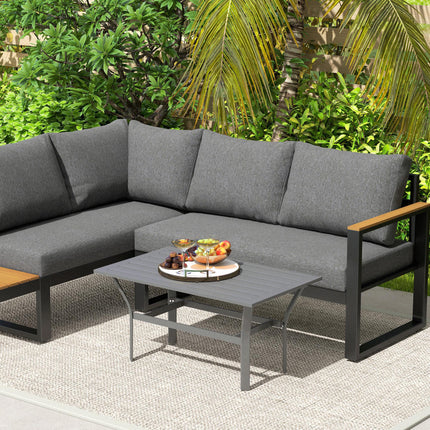 Rectangular Metal Garden Coffee Table 91.5x55cm with Slatted Top and Foot Pads - Dark Grey
