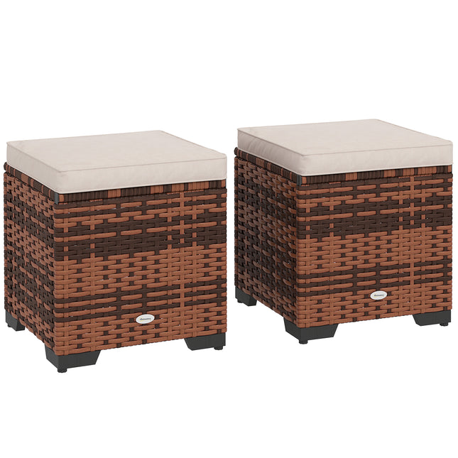 Set of 2 Rattan Storage Ottoman, Outdoor Footstool with Removable Cushions, Gard