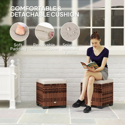 Set of 2 Rattan Storage Ottoman, Outdoor Footstool with Removable Cushions, Gard