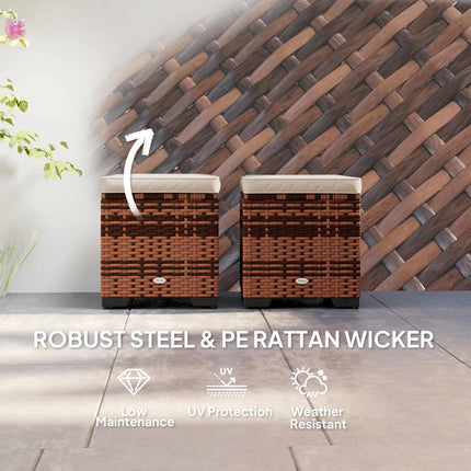 Set of 2 Rattan Storage Ottoman, Outdoor Footstool with Removable Cushions, Gard