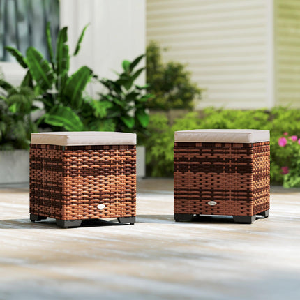 Set of 2 Rattan Storage Ottoman, Outdoor Footstool with Removable Cushions, Gard