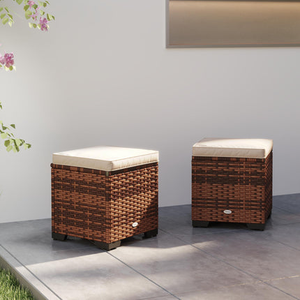 Set of 2 Rattan Storage Ottoman, Outdoor Footstool with Removable Cushions, Gard