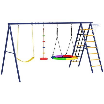 6 in 1 Metal Kids Swing Set with 3 Swings, Climbing Ladder, Net & Basketball Hoop for Ages 3-8 - Multicolour