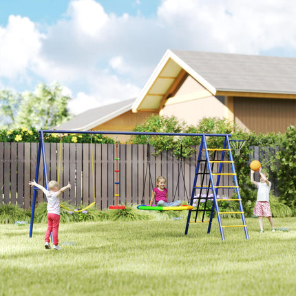 6 in 1 Metal Kids Swing Set with 3 Swings, Climbing Ladder, Net & Basketball Hoop for Ages 3-8 - Multicolour