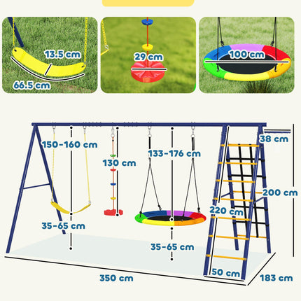 6 in 1 Metal Kids Swing Set with 3 Swings, Climbing Ladder, Net & Basketball Hoop for Ages 3-8 - Multicolour