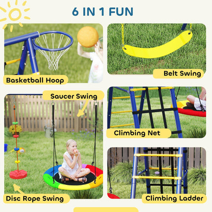 6 in 1 Metal Kids Swing Set with 3 Swings, Climbing Ladder, Net & Basketball Hoop for Ages 3-8 - Multicolour