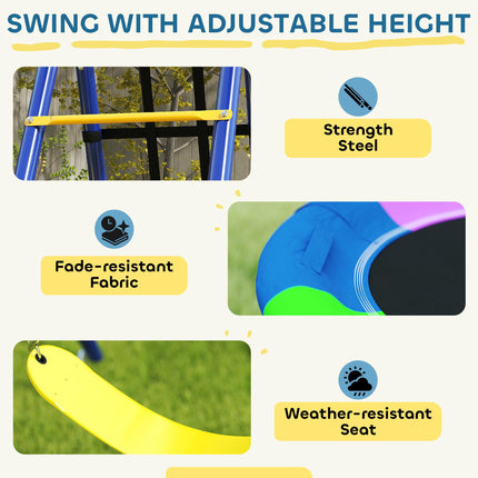 6 in 1 Metal Kids Swing Set with 3 Swings, Climbing Ladder, Net & Basketball Hoop for Ages 3-8 - Multicolour