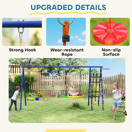 6 in 1 Metal Kids Swing Set with 3 Swings, Climbing Ladder, Net & Basketball Hoop for Ages 3-8 - Multicolour