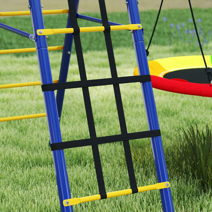 6 in 1 Metal Kids Swing Set with 3 Swings, Climbing Ladder, Net & Basketball Hoop for Ages 3-8 - Multicolour