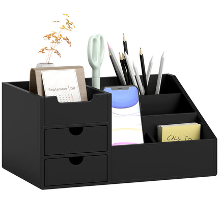 Bamboo Desk Organiser with 7 Compartments and 2 Drawers for Office Supplies - Black