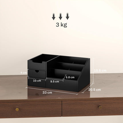 Bamboo Desk Organiser with 7 Compartments and 2 Drawers for Office Supplies - Black