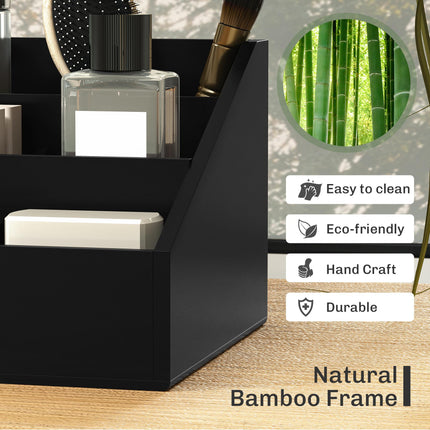 Bamboo Desk Organiser with 7 Compartments and 2 Drawers for Office Supplies - Black